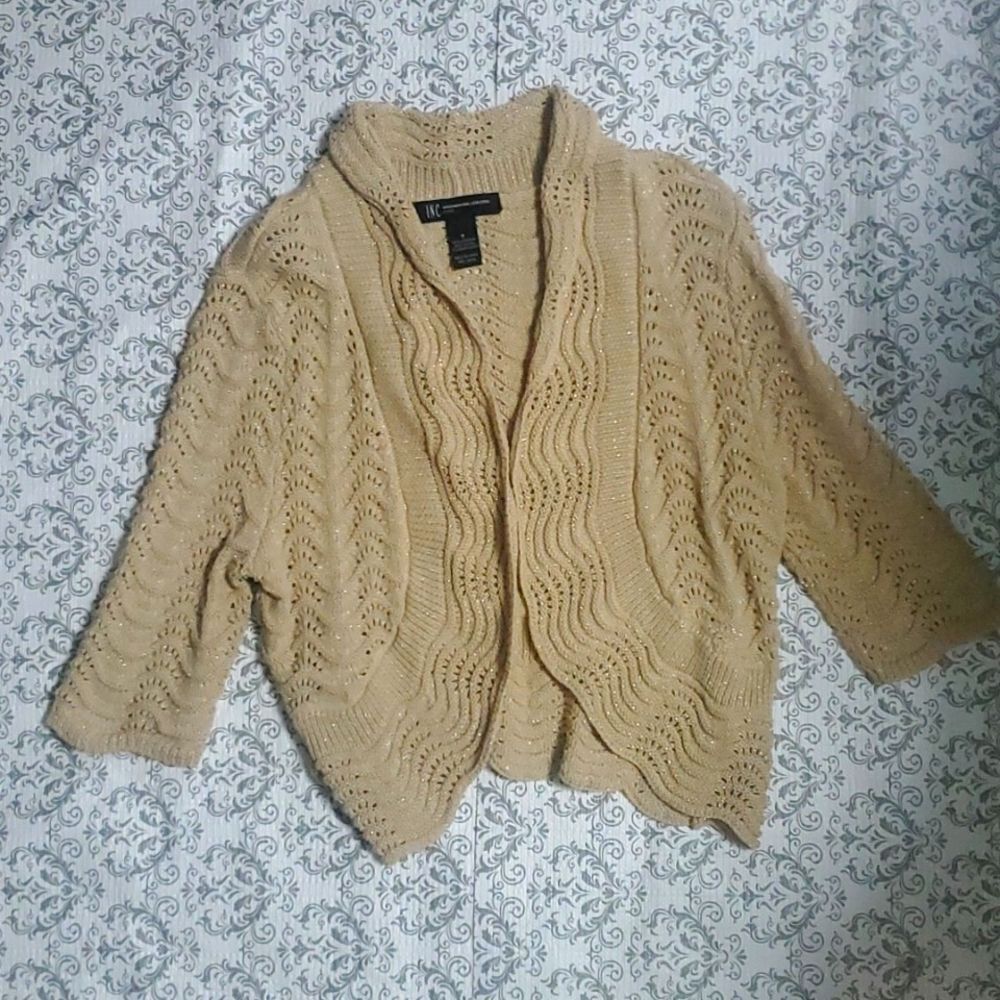 Vintage INC Tan Metallic Threaded Open Cardigan Cropped Shrug Petite Small